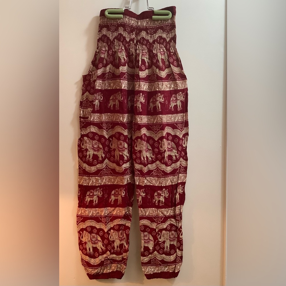 Bohemian Pants Elephant Print Pants Purchased in Thailand Burgundy & Cream